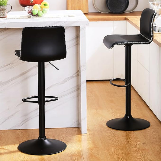 HeuGah Swivel Bar Stools Set of 2, Adjustable Counter Height Barstools with Back, Black Faux Leather Bar Chairs for Kitchen Island (Black, Set of 2 (24'' to 32''))