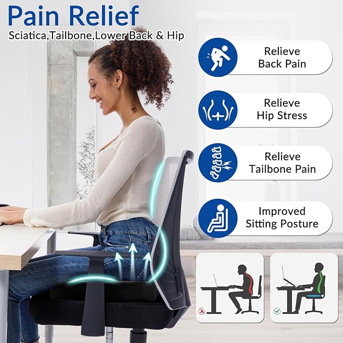 Ergonomic Memory Foam Seat Cushion for Office Chair, Extra Large Pad with U-Shaped Design for Pressure Relief, Coccyx Sciatica & Back Pain Relief, for Home, Car Long Sitting (Black/Gray)