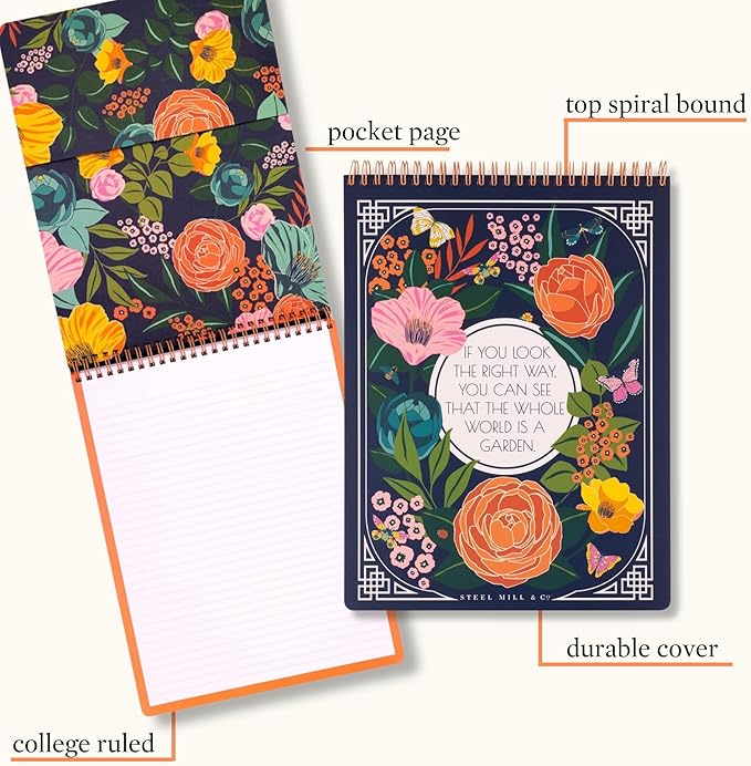 Steel Mill & Co Large Top Spiral Notebook College Ruled, 11" x 8.5" with Durable Hardcover and 160 Lined Pages (The Secret Garden)