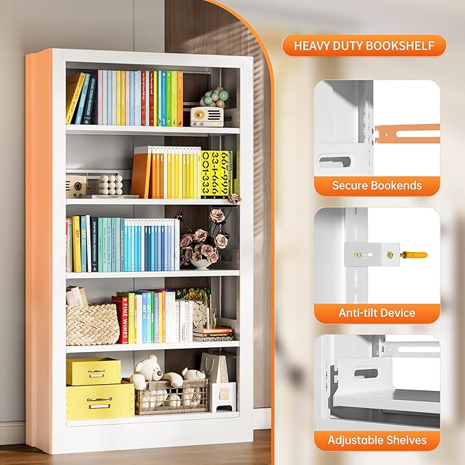 5-Tier Bookcase with Adjustable Storage Shelves, Metal Bookshelf with Book Stopper, Bookcase Shelf for Library, Office, Living Room (White-2)