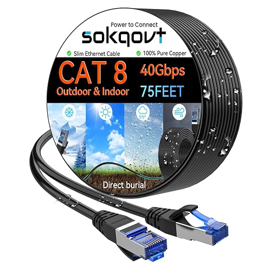 Sokqovt Cat 8 Ethernet Cable Slim 75ft Outdoor&Indoor, Pure Copper Cat8 by Unknown