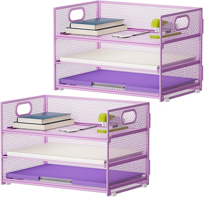 Marbrasse 3 Tier Paper Organizer Letter Tray, Mesh File Organizer with Handle, Paper Sorter Desk Organizer for Home Office Supplies - 2p Purple