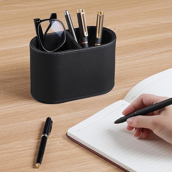 PU Leather Pen Holder for Desk, Small Remote Control Holder Pencil Cup Multifunctional Desktop Organizer Caddy for Home School Office Desk Accessories - 2 Compartments (Black)