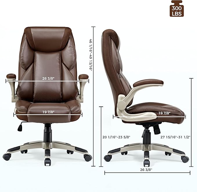 EUREKA ERGONOMIC Executive Office Chair Flip Up Arm Rest, Ergonomic Desk Chair Faux Leather Computer Chair, High Back Office Chair with Headrest, Home Office Desk Chairs with Wheels, Brown