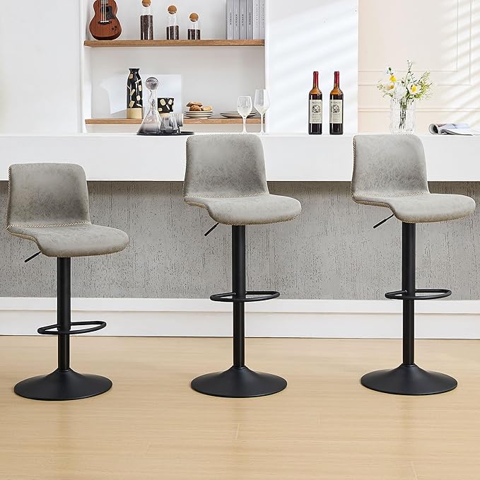 HeuGah Bar Stools Set of 3, Swivel Counter Height Barstools with Back, Adjustable Height 24" to 32", Gray Faux Leather Bar Chairs for Kitchen Island (Gray, Set of 3 (24'' to 32''))