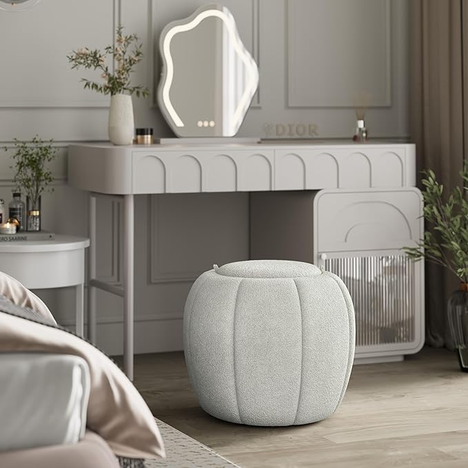 Storage Ottoman, Round Ottoman with Storage, Upholstered Soft Vanity Stool for Living Room, Foot Stool for Bedroom, Entryway (Light Gray)