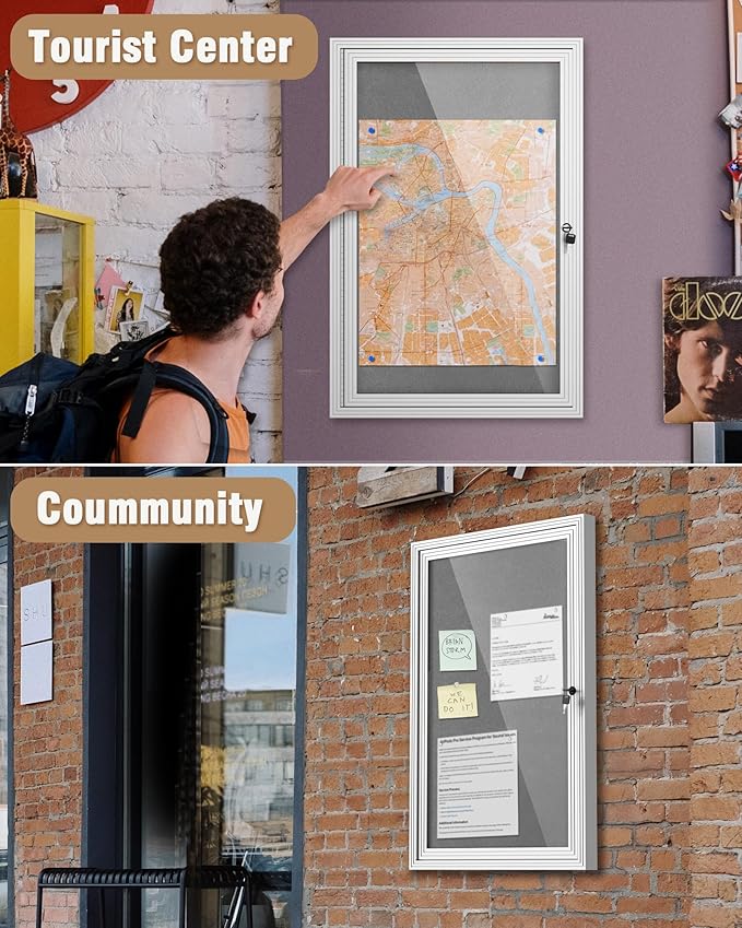 36"x24" Enclosed Bulletin Board, Outdoor Lockable Weather-Resistant Aluminum Cork Noticeboard for School & Office, Silver Frame w/Grey Flet