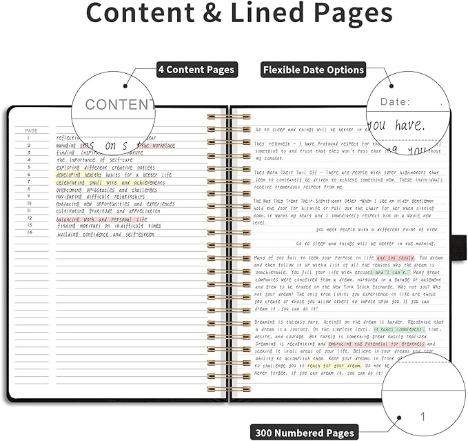 EMSHOI Spiral Notebook College Ruled, 300 Numbered Pages, A4 Large Hardcover Leather, 100 GSM Thick Lined Journal for Women Men Work Writing Journaling Note Taking, 8.27" x 11.2", Black