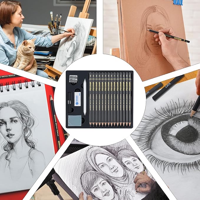 PANDAFLY 20-Piece Professional Sketch Pencil Set - Includes 4H to 14B Graphite Pencils, Charcoal Sticks, Vinyl Eraser, Kneaded Eraser, Sharpener, Blending Stump - Ideal for Artists and Beginners