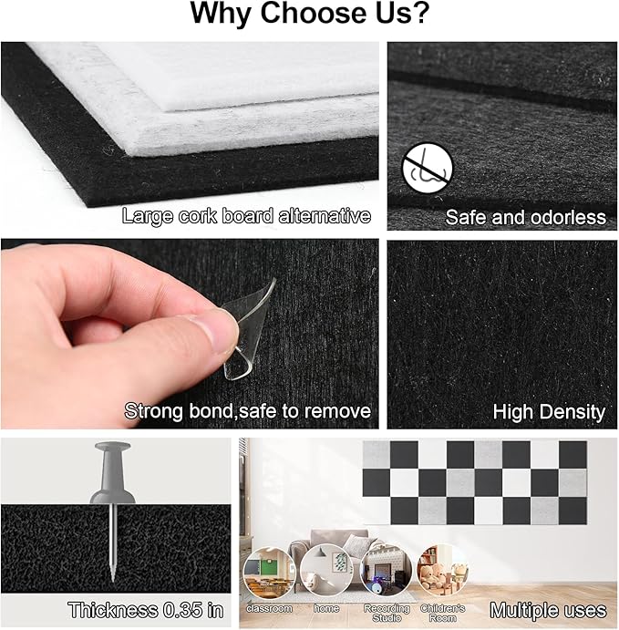 Large Cork Board for Walls 47" x 35" 12 Pack Black Bulletin Boards Felt Wall Tiles with Safe Removable Adhesive Corkboards for Office Home,Black