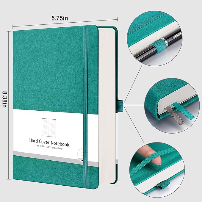 AHGXG Bullet Dotted Journal - 320 Numbered Pages Dot Grid Notebook A5 Thick Journal, 100gsm Thick Dotted Paper, Leather Hardcover,Inner Pocket, 5.75'' × 8.38'' - Cyan