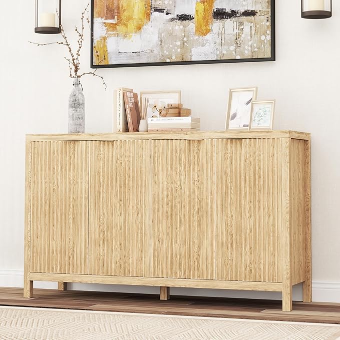 Real Relax Fluted Buffet Cabinet with Storage, Modern Sideboard with 4 Doors, 3 Adjustable Shelves, Large 55'' Kitchen Credenza Coffee Bar Cabinet, Console Cabinets for Living, Dinning Room, Natural