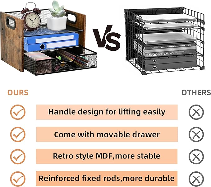 Wood Desk Organizer - 3-Tier Desktop File Organizer with Drawer, Wooden Paper Tray, Office Desk Organzier and Accessories for Papers, Mail, Notebooks, Stationery