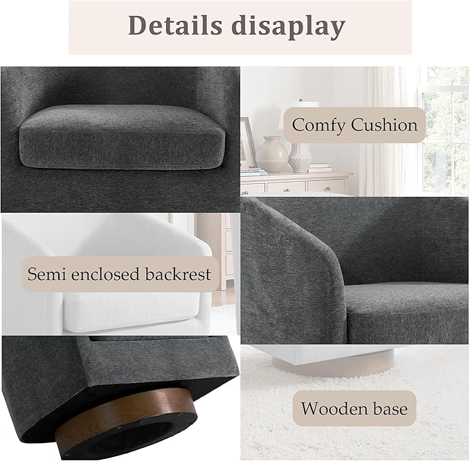 UIXE Swivel Accent Chair with Wood Base, Chenille Upholstered Barrel Chairs for Living Room, Comfy Round Armchair Single Sofa Bedroom Reading Seat - 31" W, Gray