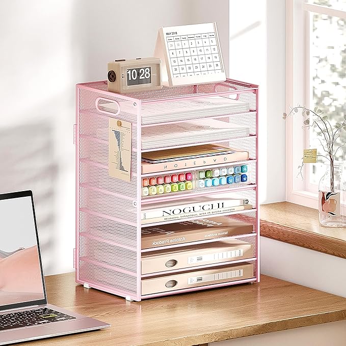 Subekyu 9 Tier Paper Letter File Tray Organizer for Desk, Pink Large Mesh Desk Folder Sorter Organizer with Handle, Include 6 Pcs Adjustable Height Slid Tray for Office Home School Supplies Storage