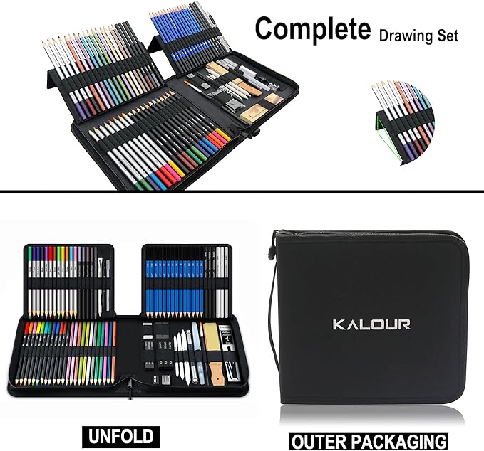 KALOUR 82 Pack Drawing Sketching Kit, Pro Art Supplies with Sketchbook, Include Tutorial,Colored, Graphite, Charcoal, Watercolor,Metallic & Pastel Pencils, Drawing Set for Adults Teens Beginner