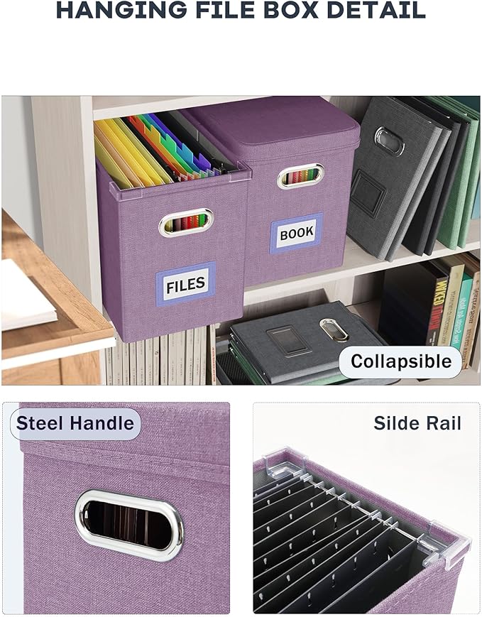 Oterri File Organizer with Lid, Hanging Filing Box with Mesh Pocket, Document Organizer for Letter Files, Portable Storage Box for Office & Home (1 PCS, Taro Purple)