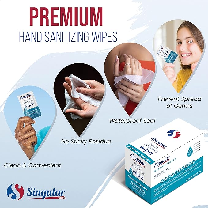Hand Sanitizing Wipes Travel Size by Singular Wipes – 24ct Individually Wrapped | Fresh Citrus Scent, Moisturizing, 70% Alcohol Wipes | Travel, Office, School, Home | Made in USA