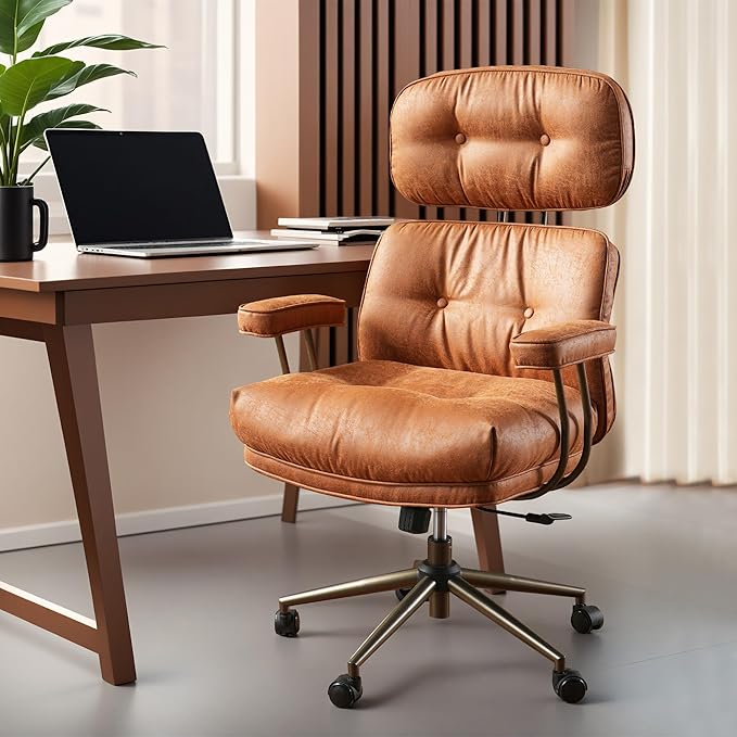 ovios Ergonomic Home Office Chair, Mid-Century Modern Faux Leather Chairs with Thickened Cushions, Comfy High Back Swivel Rolling Executive Computer Armchair (Brown, Suede Leather)