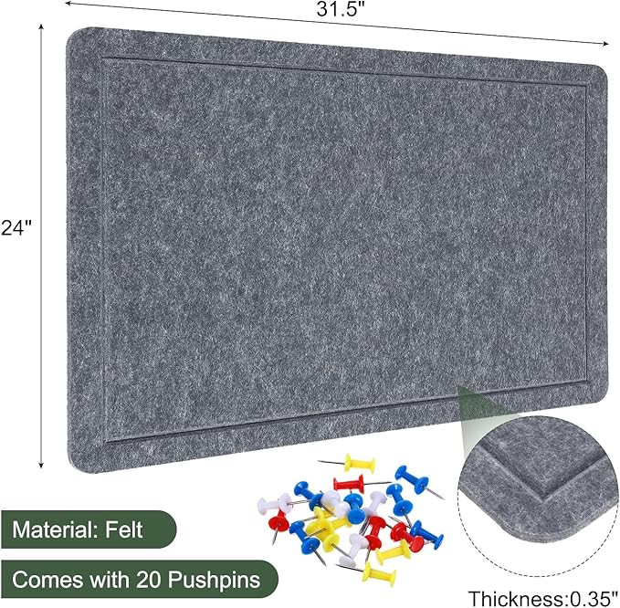 YOKIVE Felt Bulletin Board, 31.5 x 24 -Inch Foldable Decorative Pin Board Self Adhesive Felt Cork Board with 20 Pushpins, Great for Wall, Photo Display, Paste Note, Schedule(Gray)