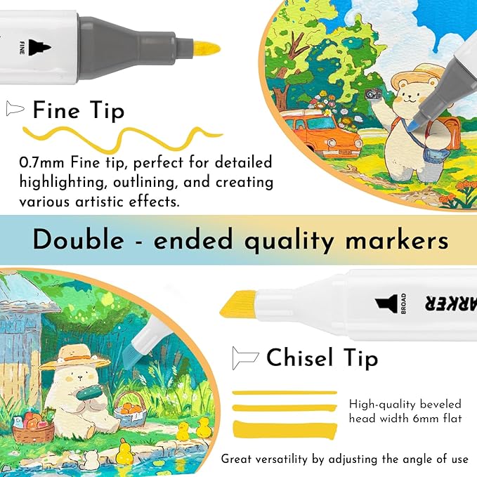 ABEIER Alcohol Markers, 168 Colors Dual Tip (Fine & Chisel) Art, Coloring Markers for Adults Kid, Ideal for Book Drawing Sketching Painting, Card Making, Includes 1 Colorless Blender