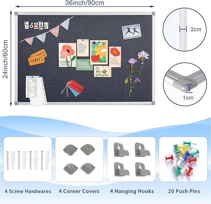 Fabric Notice Pin Board Bulletin Board for Home Office Classroom,Wall-Mount,Black Felt,36x24inches