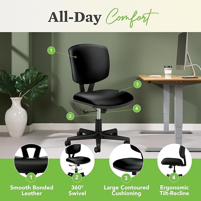 HON Volt Armless Chair, Ergonomic Adjustable Center-Tilt Recline, Leather Back and Seat, Swivel Desk Chair, Black