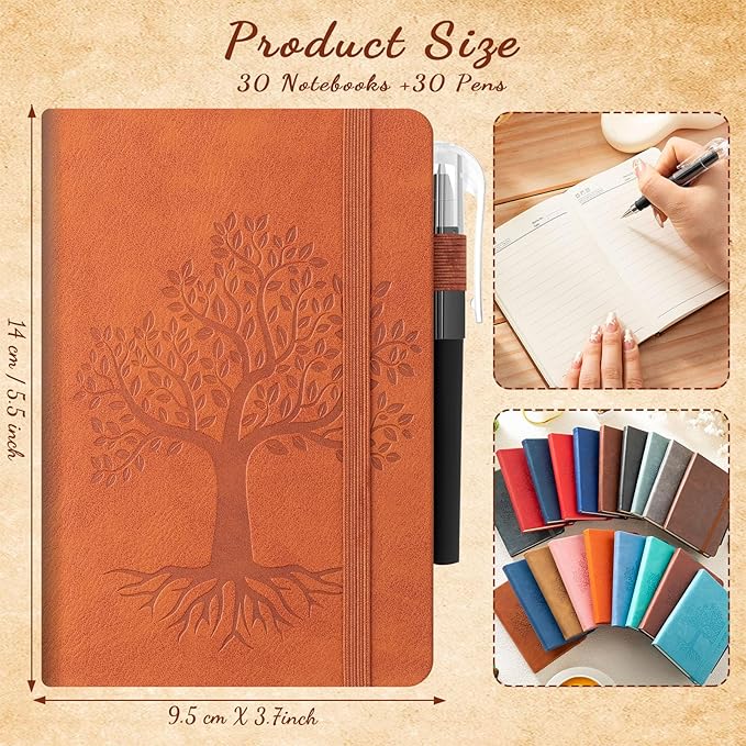 Estune Tree Small Notebooks Pen Leather Lined Pocket Subject Notebooks Hardcover Pocket Notepad Cute Ruled Leather Journals with Pen Holder for Men Women School Business, A6(Classic Color,30 Set)
