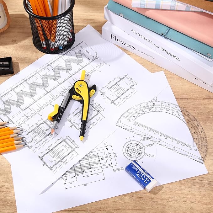 EBOOT Student Geometry Math Set, Drawing Compass and 6 Inch Clear Swing Arm Protractors 180 Degree Math Protractor (Yellow)