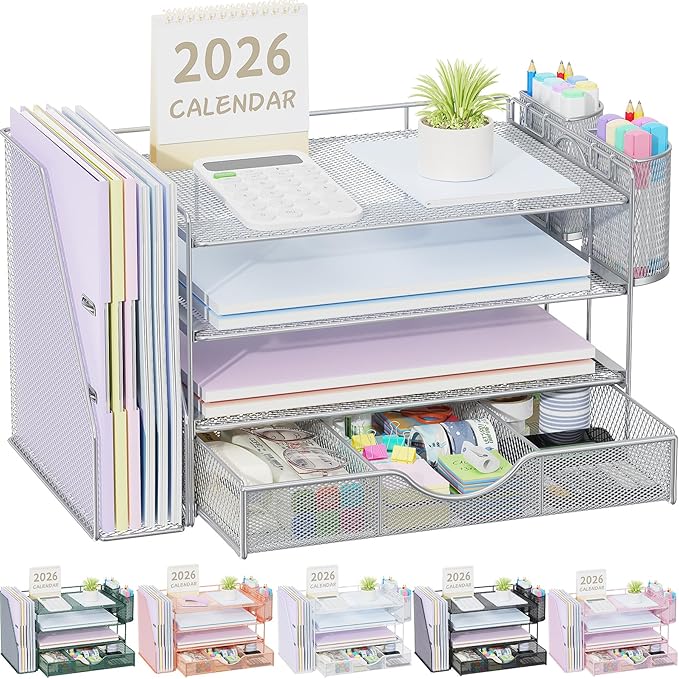 gianotter Desk Organizers and Accessories with File Holder, 4-Tier Desk Accessories & Workspace Organizers with Drawer and 2 Pen Holder, Paper Organizer for Office Supplies (Grey)