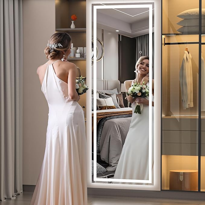 Hasipu Full Length Mirror with Lights, 65" x 21.7" LED Floor Mirror, Full Body Dressing Standing, Hanging Mounted Mirror for Living Room Bedroom Cloakroom, Square White