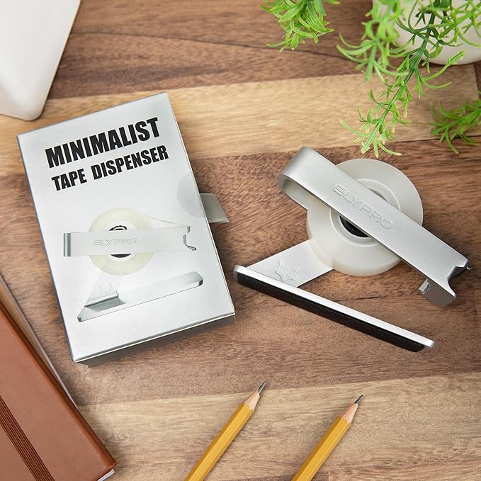 ELYPRO Modern Tape Dispenser for Office Desk - Elegant and Minimalist Design, Heavy Metal Made, Space-Saving, Perfect for Office & Home Use or as a Stylish Gift - Bonus Tape Roll Included (Silver)