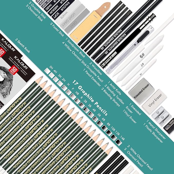 KALOUR 52-Pack Sketch Drawing Pencils Kit with Two Sketchbook,Tin Box,Include Graphite,Charcoal and Artists Tools,Pro Art Drawing Supplies for Adults Beginner Kids