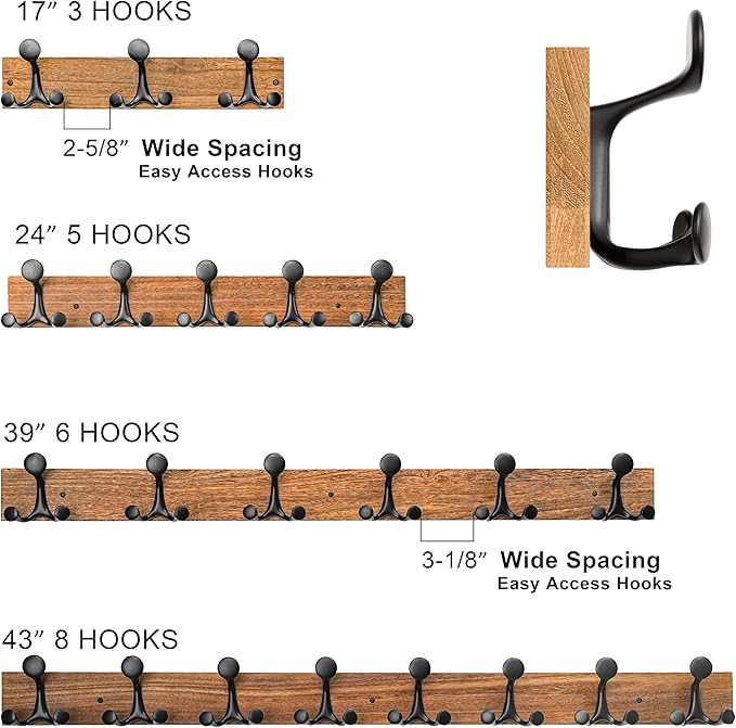 SKOLOO 39-Inch Wood Burnt Coat Rack Wall Mount with 6 Triple Hooks - Ideal for Family Entrances, Classrooms, and Pet Supplies Storage - Perfect Coat Hooks for Wall, Pack of 2