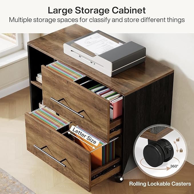 Tribesigns 70.86" Executive Desk with Mobile File Cabinet, Large L Shaped Computer Office Desk with 2 Drawers and Storage Shelves, Business Furniture Desk Workstation for Home Office (Rustic Brown)