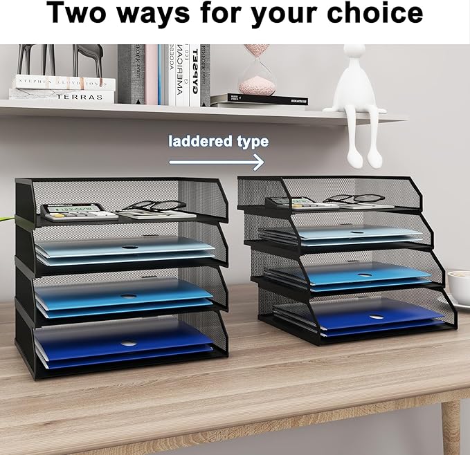 Natwind 4-Tier Stackable Paper Tray, Metal Mesh Desktop Organizer, A4 Desk Organizer, Stackable Letter Trays,File Folder Sorter Organizer with Sliding Tray for Home, Office, School (Black)