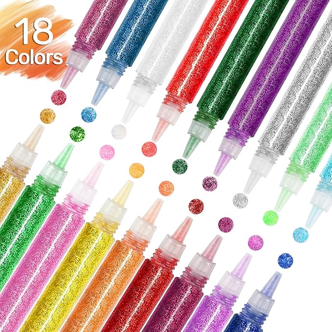 72 Pcs Glitter Glue Pens Bulk 18 Colors Crafts Pens Stick Glitter Glue for Crafts School Gifts Supplies for DIY Arts, Projects Scrapbooking, Cards(6 ml)