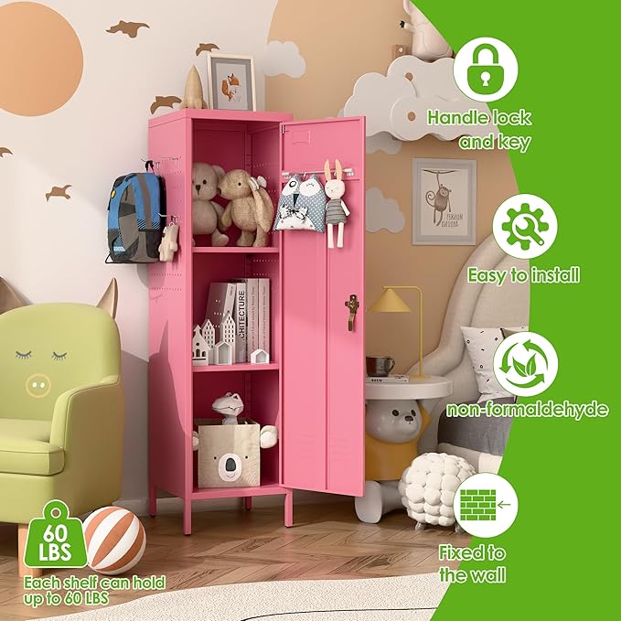 Aobabo Metal 54" H Metal Storage Locker for Employees, Lockable 1 Door with Towel Rack and 2 Side Pegboards with Hooks for School Office Gym Home, Assembly Required (Pink)