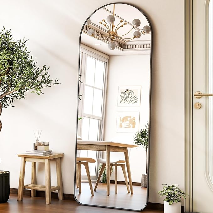 HARRITPURE Arched Full Length Mirror - 64" x 21" Large Floor Mirror Aluminum Frame Dressing Mirror with Stand for Bedroom/Living Room Wall Mounted, Black
