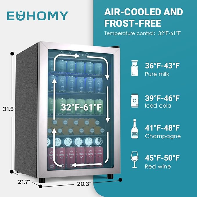 EUHOMY 4.5 Cu.ft Beverage Refrigerator and Cooler, 145 Can Mini fridge with Glass Door for Soda Beer Wine, Small Drink Dispenser with Digital Adjustable Thermostat for Home Office Bar