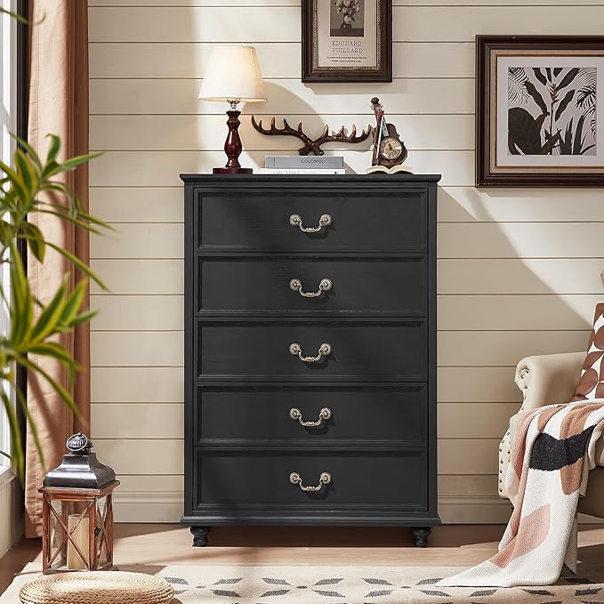 Farmhouse 5 Drawer Dresser Set of 2 for Bedroom, 45" Tall Rustic Chests of Drawers w/ 4 Solid Wood Feet, Vintage Mid Century Wooden Closet Storage Dressers Organizer for Living Room, Black