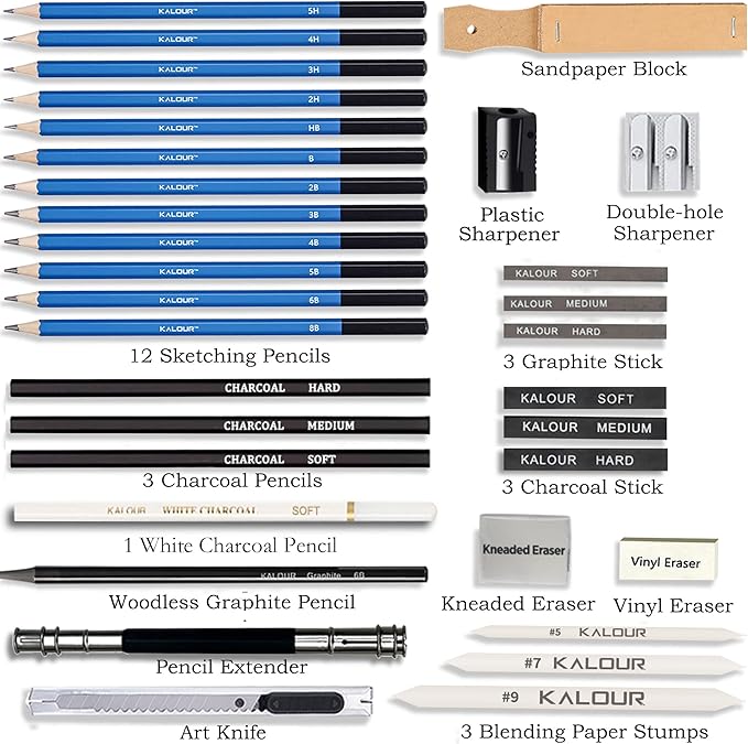 KALOUR 33 Pro Drawing Kit Sketching Pencils Set,Portable Zippered Travel Case-Charcoal Pencils, Sketch Pencils, Charcoal Stick,Sharpener,Eraser.Art Supplies for Artists Beginner Adults Teens