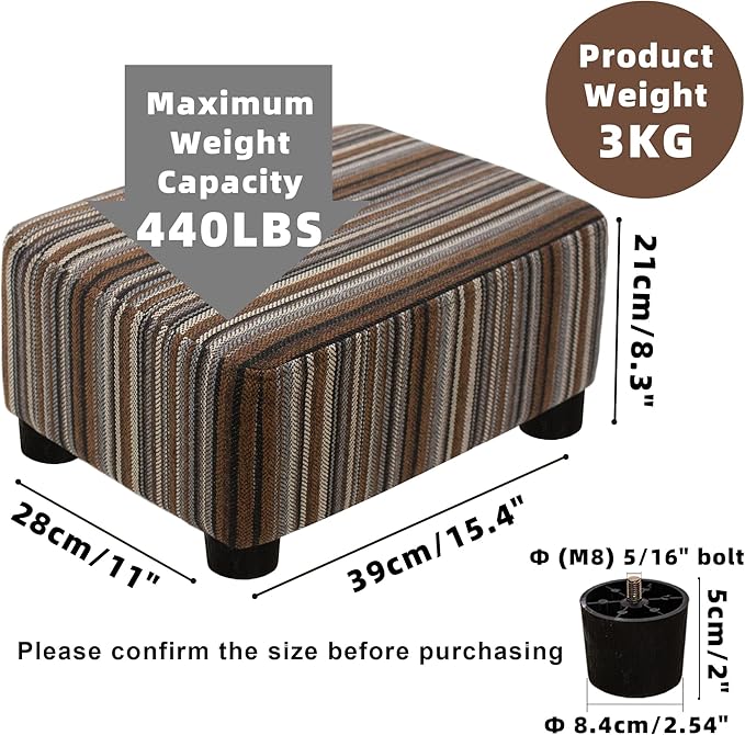 CAROLMADE Small Foot Stool Ottoman Footstool with Legs Under Desk Footrest for Living Room Bedroom and Office,Linen-Stripe Brown
