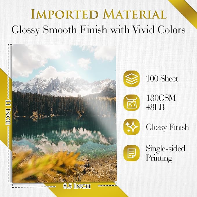 A-SUB Inkjet Glossy Photo Paper 8.5X11 Inches 48lb 180gsm Professional Glossy Photographic Paper for Inkjet Printers Dye Ink 100 Sheets