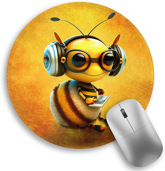 Bee Small Mouse Pad, Cute Round Mouse Pads for Desk, Travel Mini Mousepad with Non-Slip Rubber Base, Portable Mousepads for Wireless Computer Mouse Laptop, Office Desk Accessories, 8.6 * 8.6 Inch
