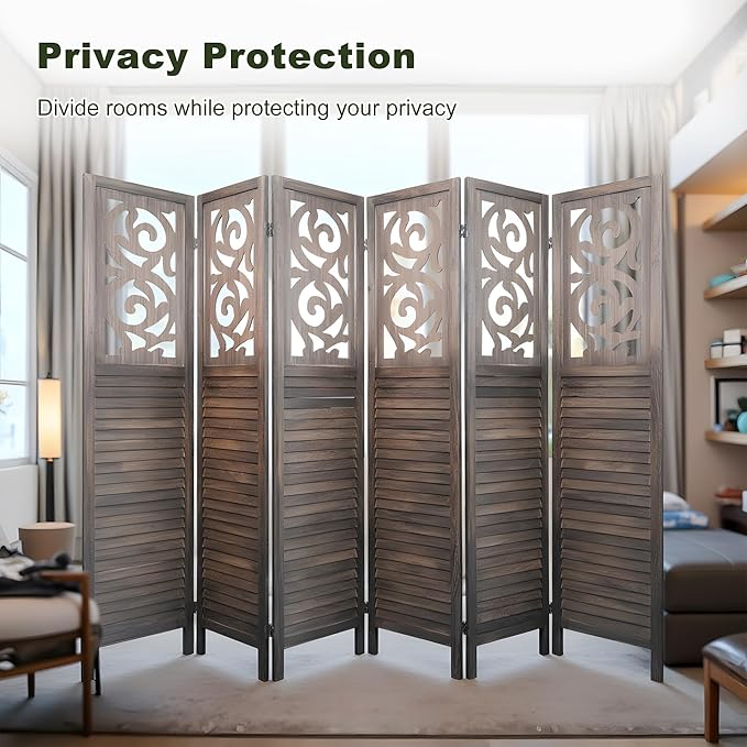 NicBex 6 Panel Room Divider,5.6FT Wood Carved Room Dividers,Folding Privacy Screens Portable Freestanding Partition Wall Dividers for Room Separation,Home Bedroom Office,Rustic Brown