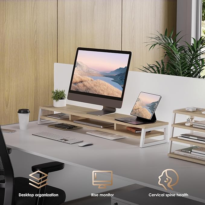 Fenge Dual Monitor Stand for Desk, 42.5in Large Monitor Riser for 2 Monitors, 2 Tier Computer Office Desk Top Shelf, Desktop Storage Stand for Laptop, PC, Computer, Printer