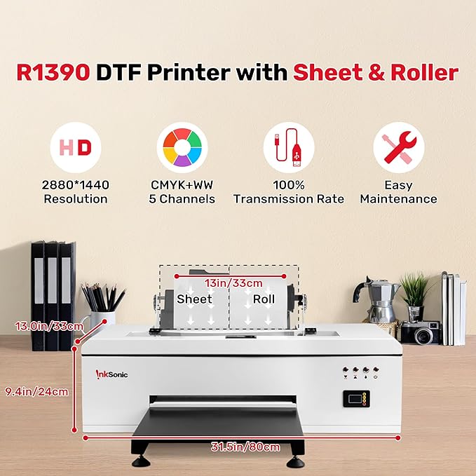 InkSonic R1390 DTF Printer, A3 T shirt Printing Machine with Laptop and Oven Bundle, 13" DTF Printer Machine, Direct to Film Heat Transfer, T-Shirt Maker for Clothes Design, Custom DIY Printing