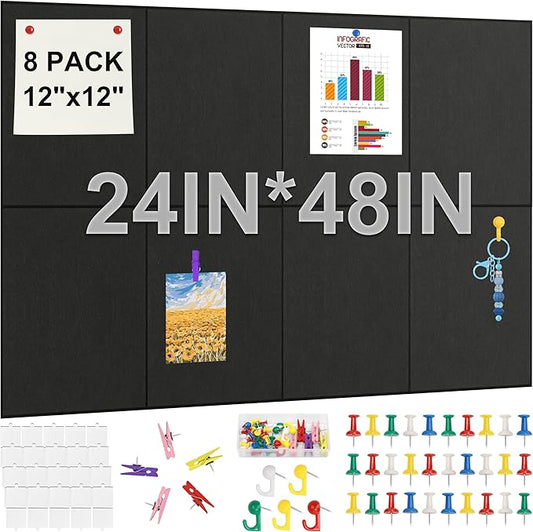 8 Pack 24"x48" Cork Boards for Walls, 89 Pcs Felt Cork Board Bulletin Board Kit with 40 Double-Sided Tapes, 30 Pushpins, 5 Clip Push Pins & 5 Push Pin Hooks, Wall Tile Vision Board for Office Home
