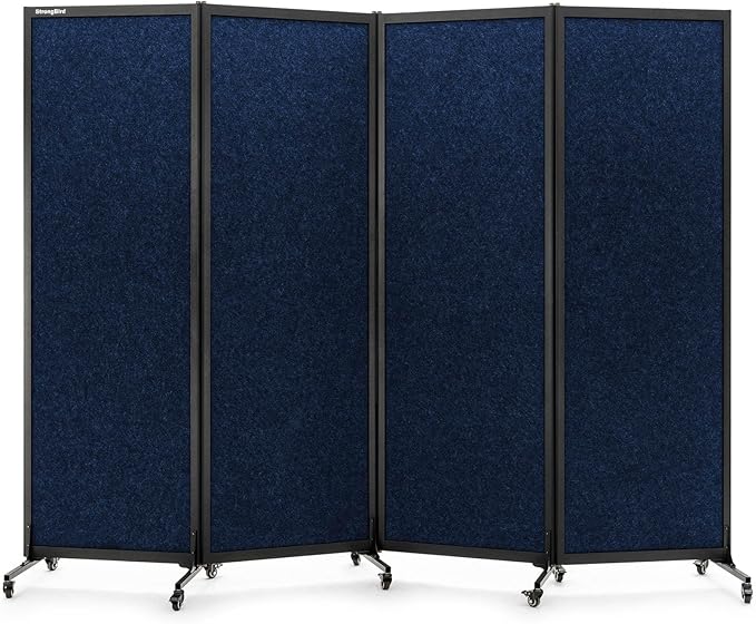 Upgrade Version Room Partition and Divider, Freestanding Rolling Dividers with Wheels,Office Privacy Screen Divider Wall,Classroom Felt Dividers,8'2"L* 6'7"H,4 Panel，Blue